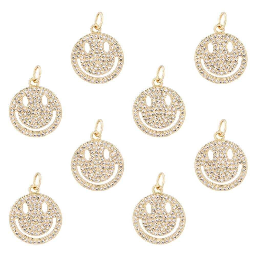 8902 8Pcs Rhinestone Smile Face Charms Real 18K Flat Round with Smile Face